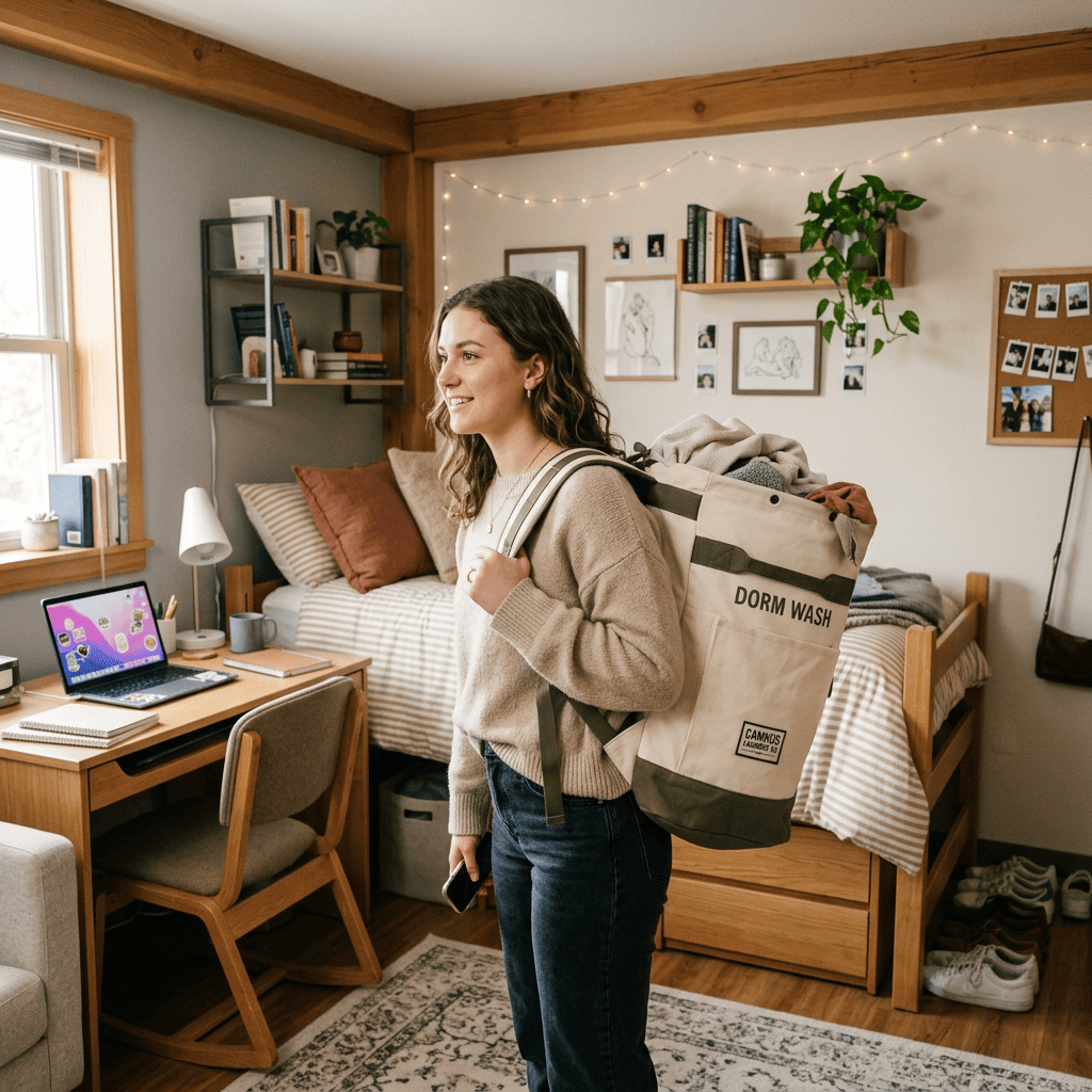 Student holding a laundry bag labeled DORM WASH in a college dorm room
