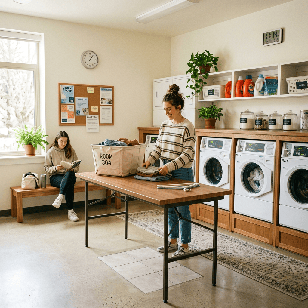 Two students in a dorm laundry room, one folding clothes at a table, the other reading on a bench