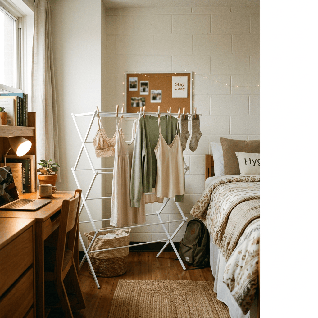 Drying rack with clothes and socks hanging in a warmly lit dorm room beside a bed and wooden desk
