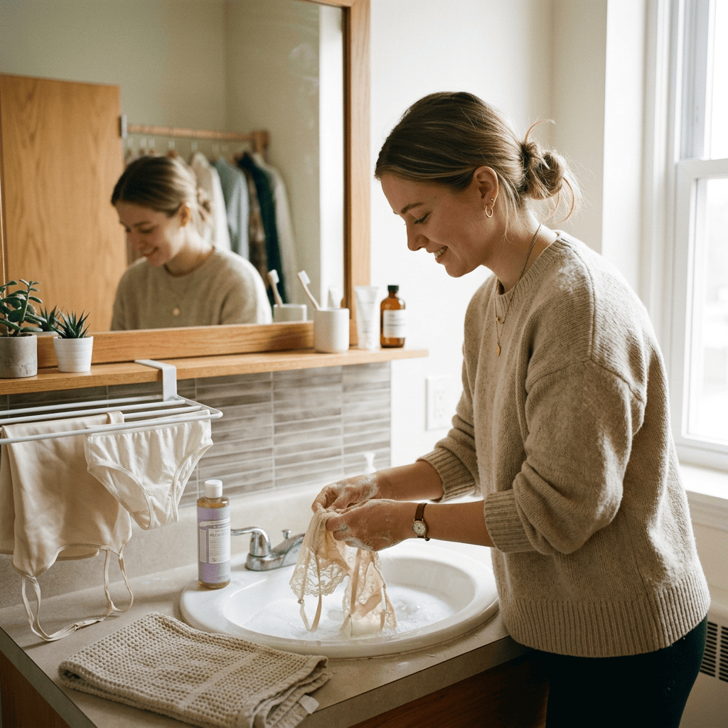 Woman hand washing lingerie under running water in bathroom sink