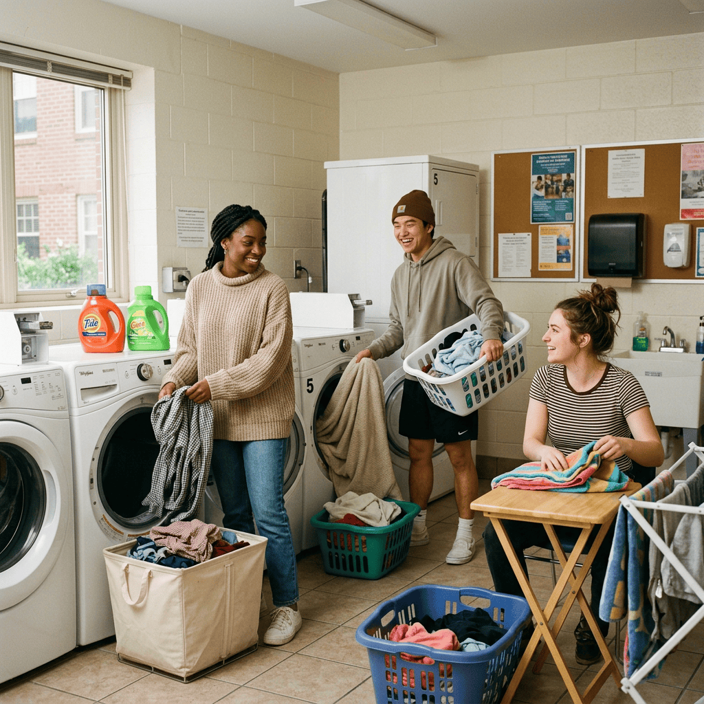 Three young adults doing laundry together in a dorm laundry room