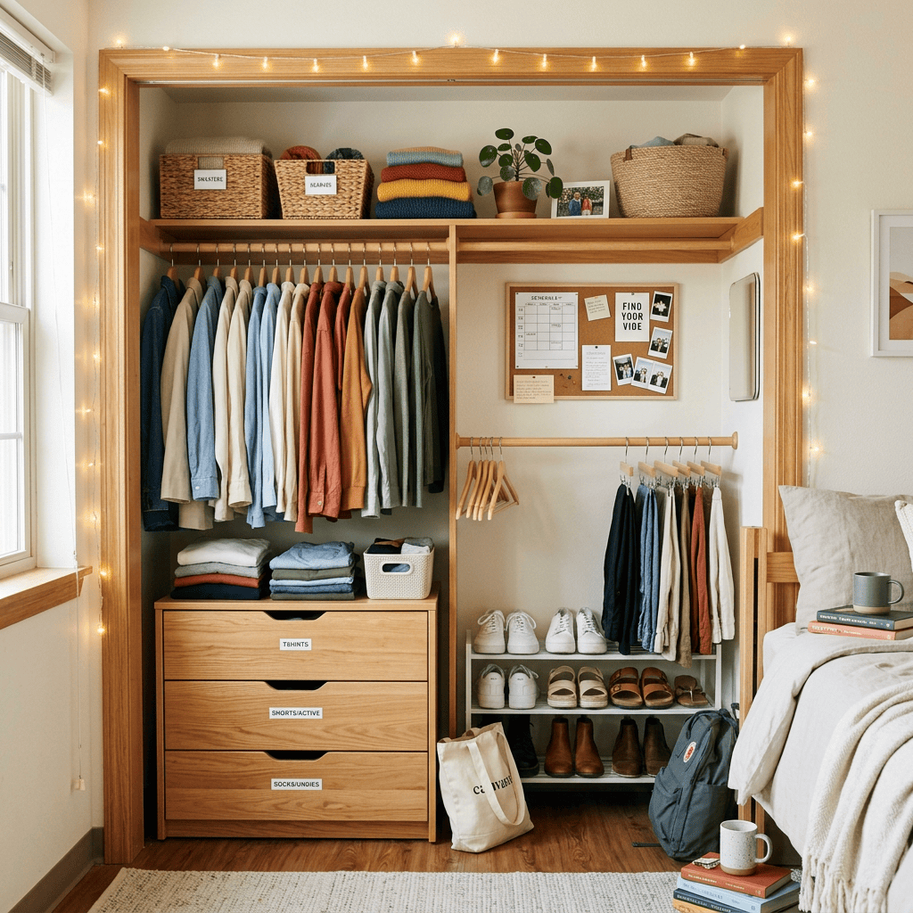 Beautifully organized dorm clothing closet interior
