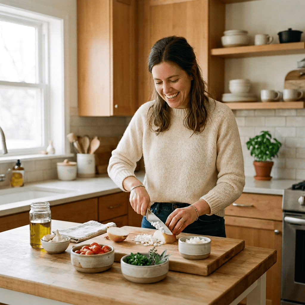 Woman chopping onions on wooden cutting board in bright kitchen