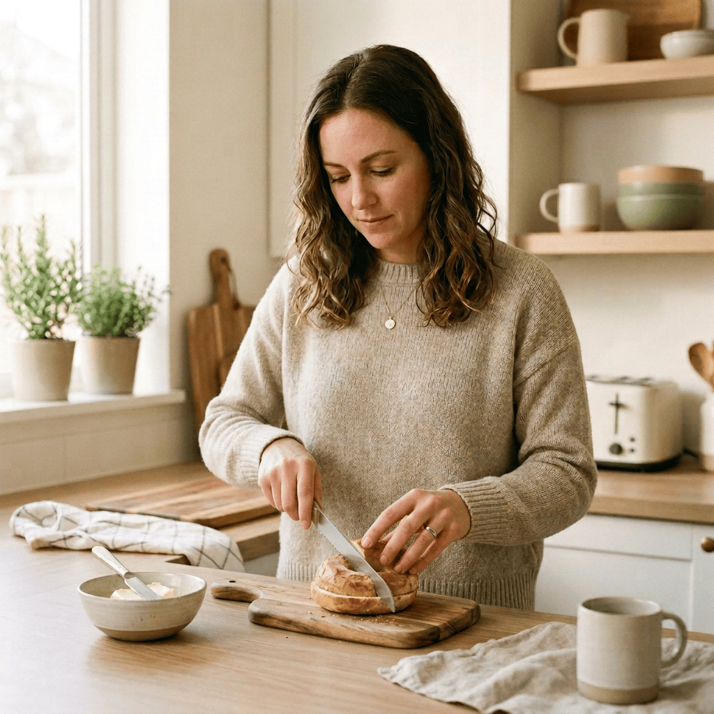 Woman cutting a toasted bagel on a wooden kitchen counter