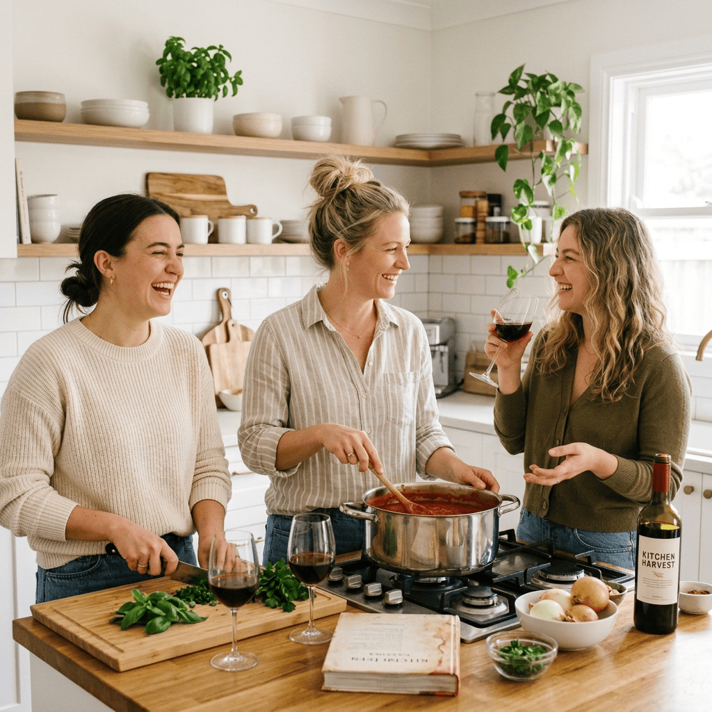 Three women cooking and sharing wine in a modern kitchen