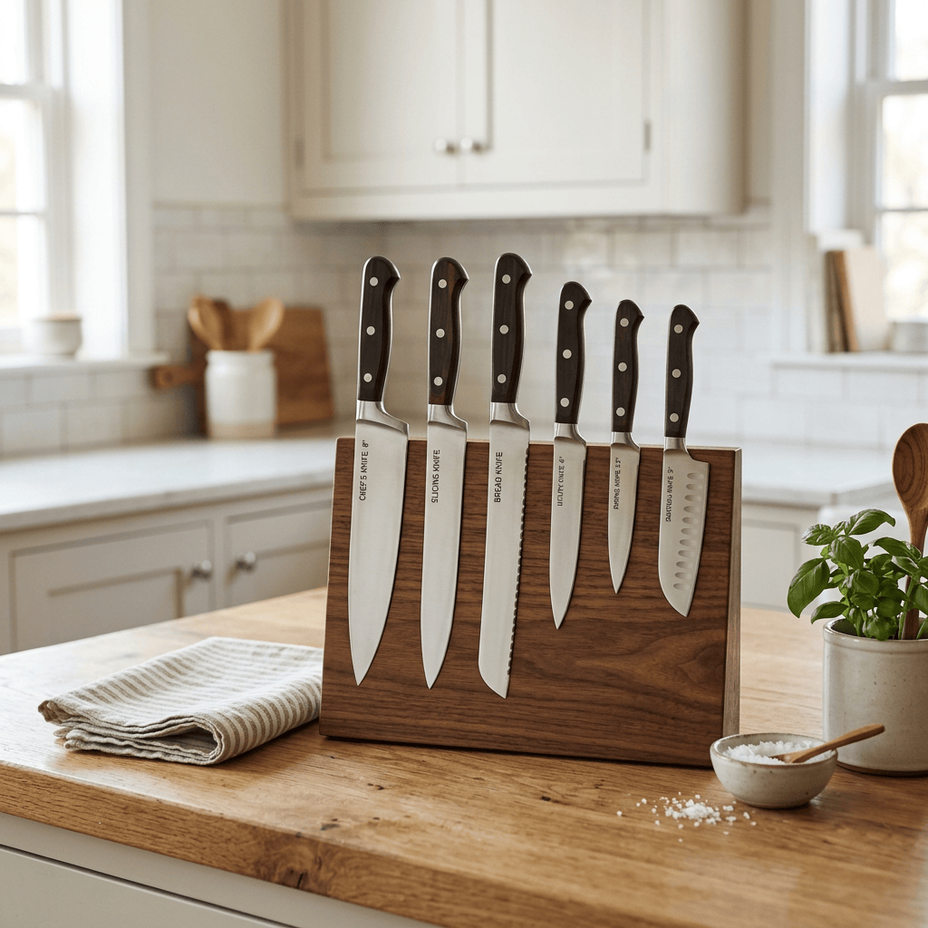 Six kitchen knives with black handles held in a wooden magnetic knife block on a wooden countertop