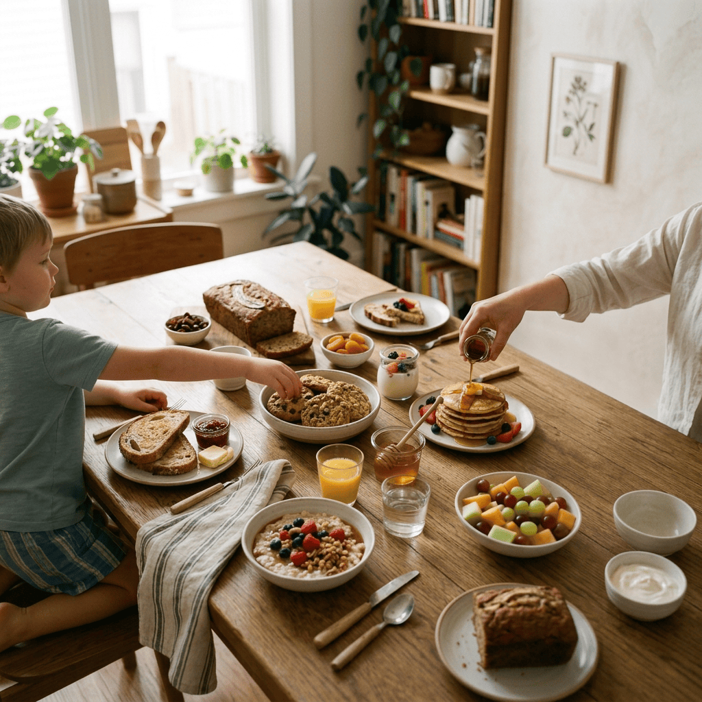 Breakfast table with pancakes, fruit, oatmeal, cookies, bread, and orange juice