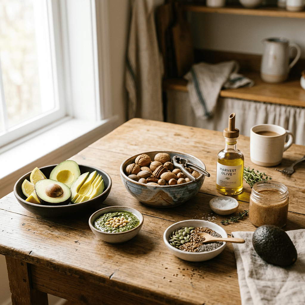 Assorted healthy foods on wooden table including avocado halves, nuts, seeds, olive oil, pesto, and a cup of coffee