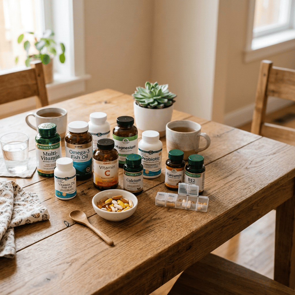 Bottles of multivitamins, omega-3 fish oil, vitamin C, calcium, magnesium, probiotics, curcumin, and B12 supplements with a bowl of pills on a wooden table