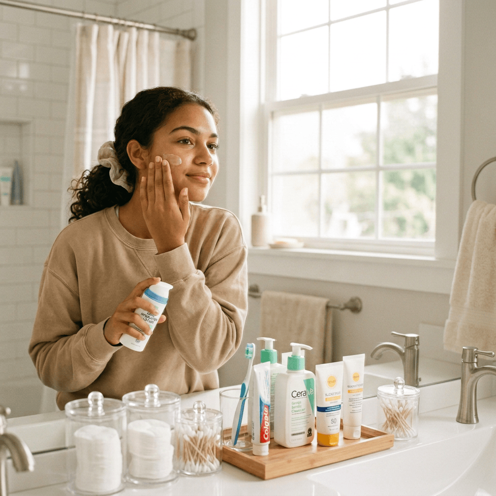 Teenage girl applying moisturizer to her face in bathroom