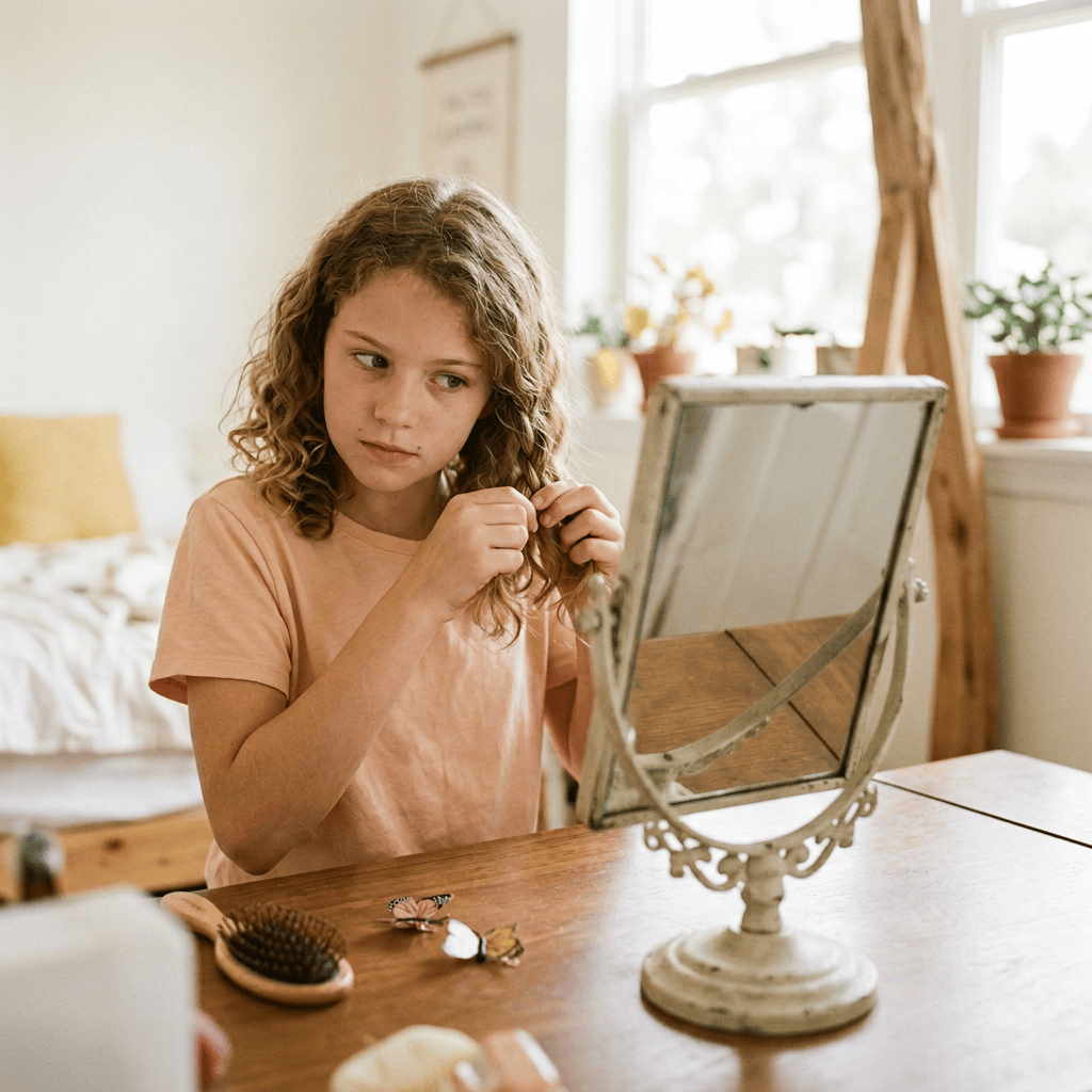 Text reads “Learning Curve: Practicing Independence: One braid at a time.” An 11-year-old girl braids her hair at a mirror.