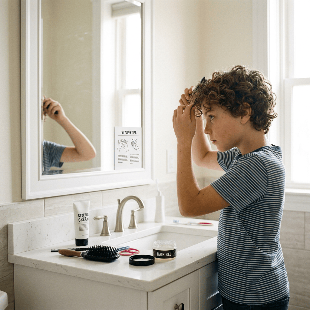 A preteen boy learns to style his hair