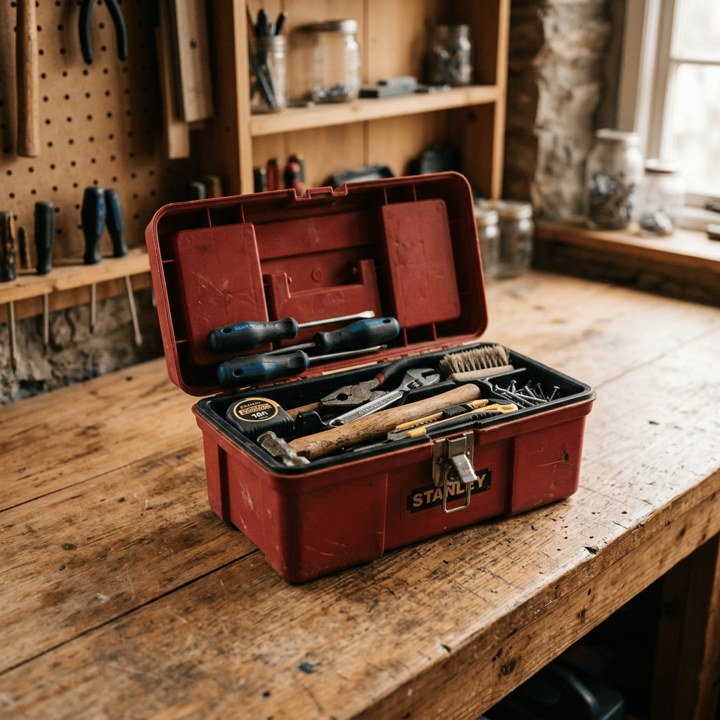 Open red Stanley toolbox filled with hand tools on a wooden workbench