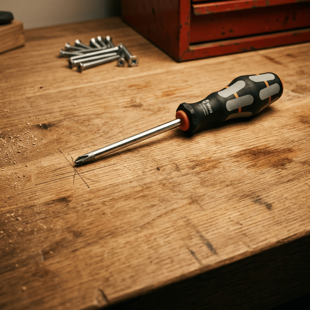 Phillips-head screwdriver on a wooden workbench beside screws and toolbox