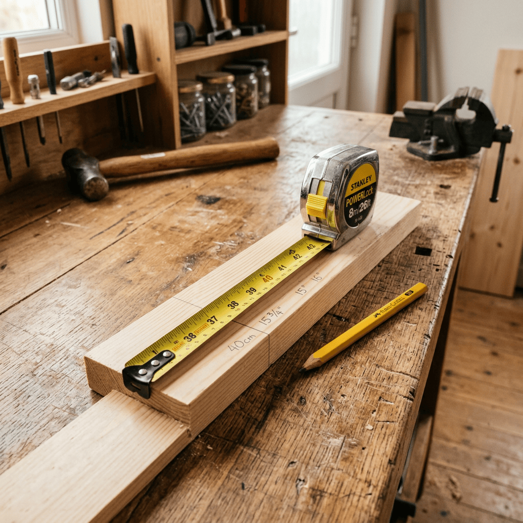 Tape measure marking lumber on a woodworking workbench