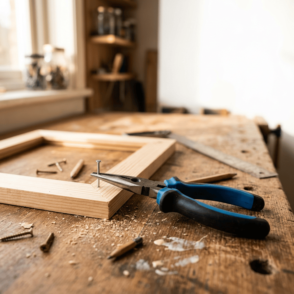 Pliers gripping a nail beside a wooden frame on a workbench