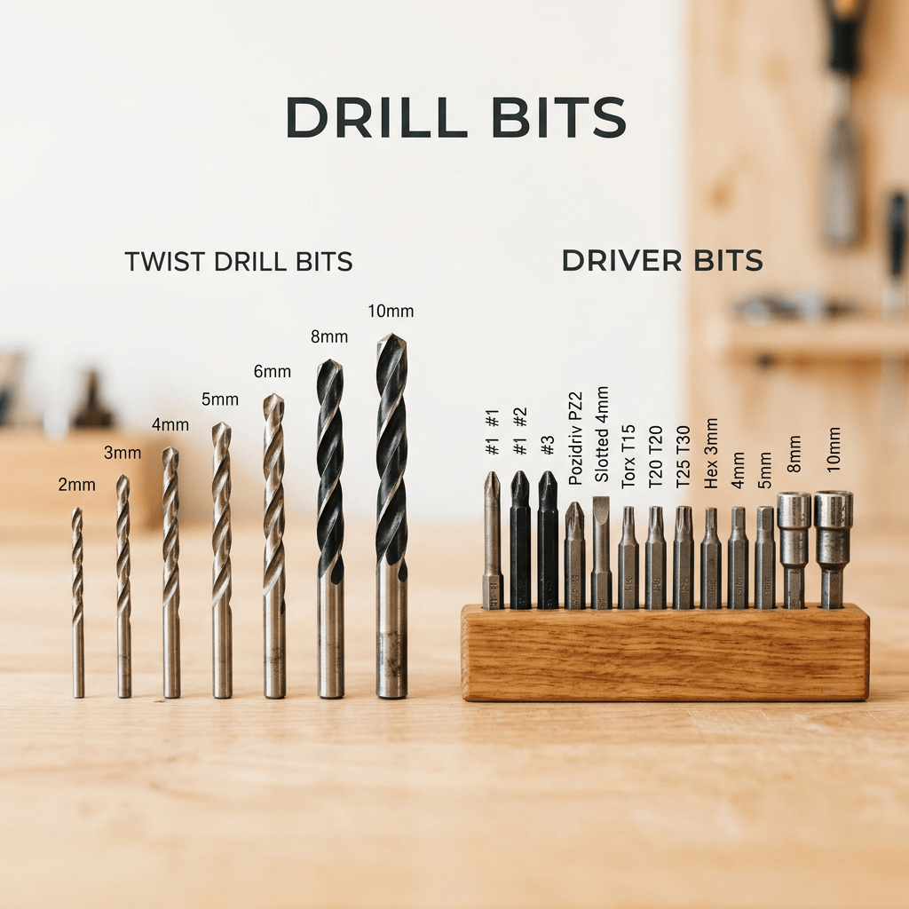 Labeled twist drill bits and driver bits arranged on a workbench