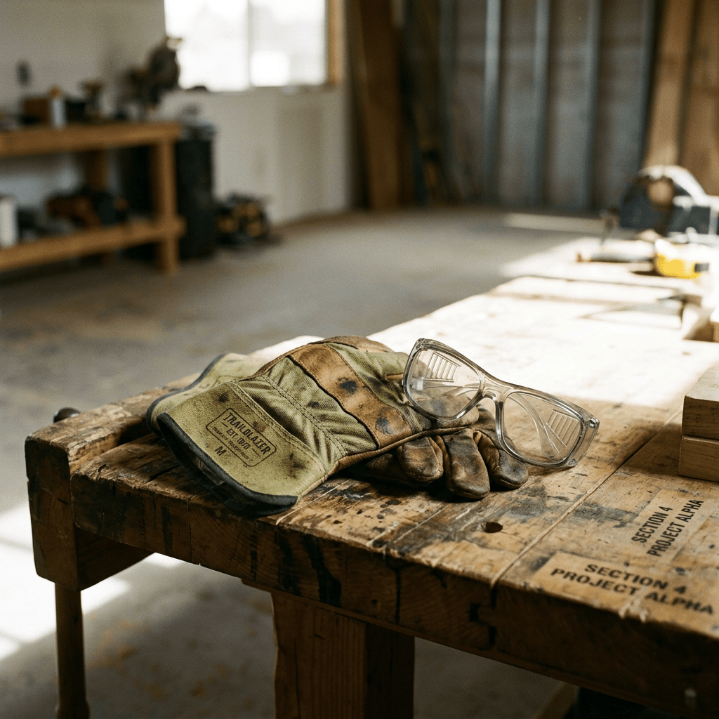 Worn work gloves and safety glasses on a wooden workbench; visible text includes "SECTION 4 PROJECT".