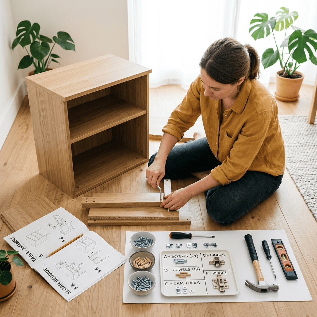 Woman assembling a wooden shelving unit beside tools, hardware, and instructions