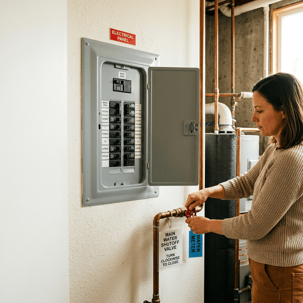 Woman turning main water shutoff valve beside an open electrical panel
