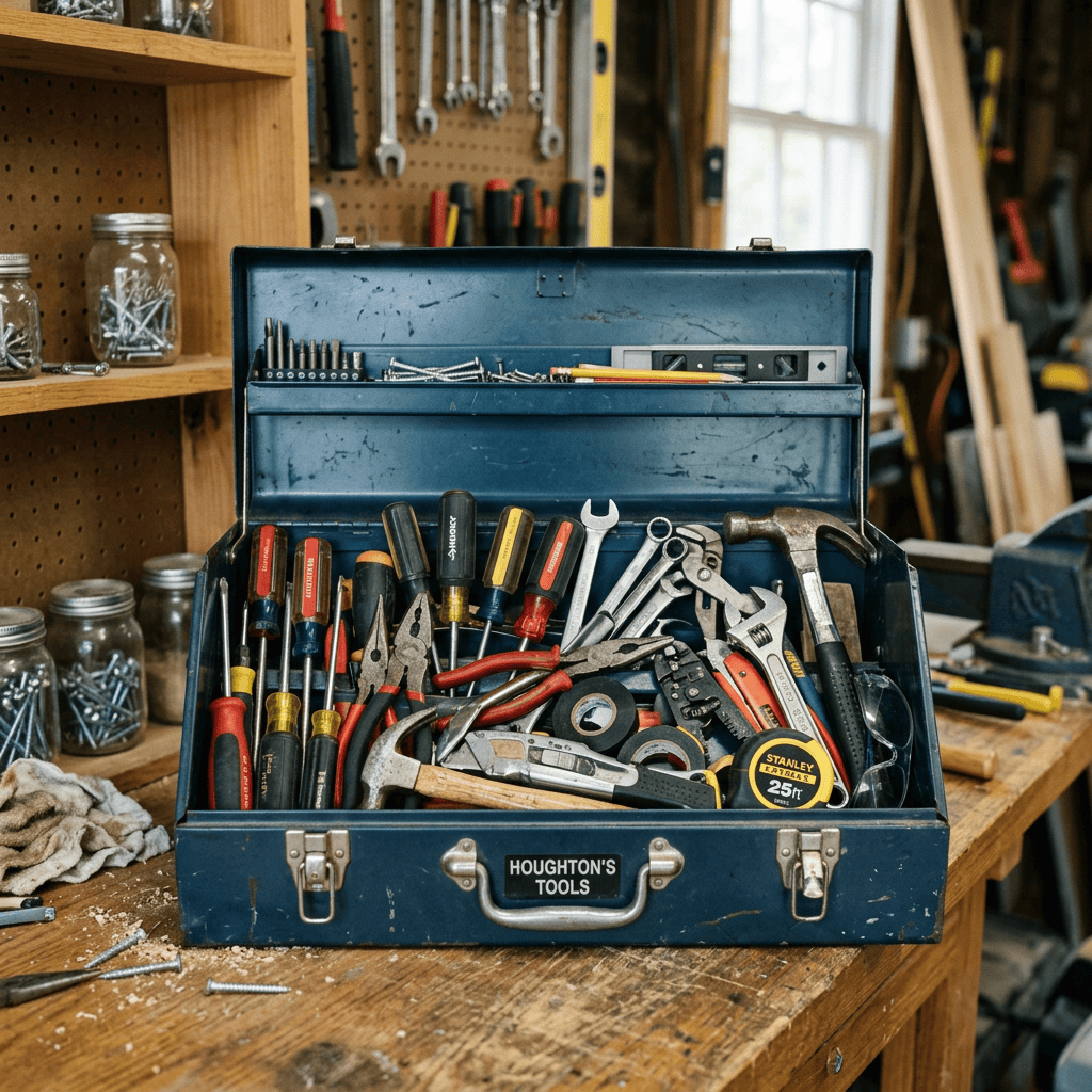 Open blue toolbox labeled Houghton's Tools filled with hand tools