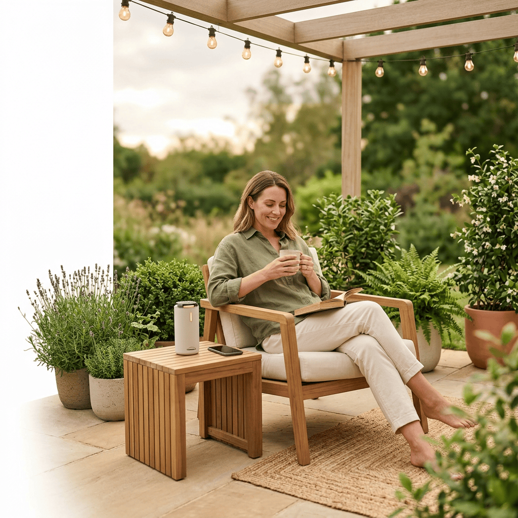 Woman relaxing with a drink and book in a garden chair
