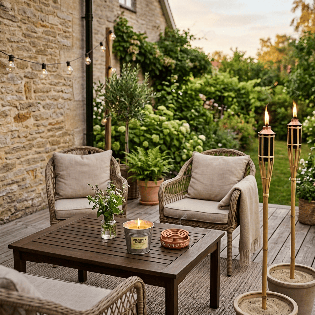 Garden patio with wicker chairs, lit torches, string lights, and coffee table